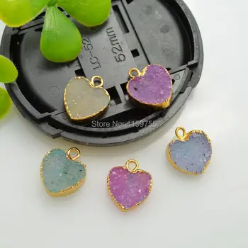 

5Pcs Gold Color Heart Dyed Rainbow Stones Geode Charm Necklace Pendants Electroformed Gem Stone Drusy Geode Jewelry