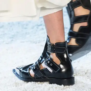 

Hot 2019 Spring Girls Black Casual Punk Style Cuts Out Pointed Toe Metal Rivets Buckle Straps Flat Short Ankle Sandals Boots