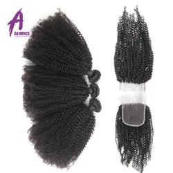 Алимис афро кудрявые вьющиеся 2/3 пучков с 4*4 синтетическое закрытие шнурка 4B 4C индийские Remy человеческие волосы переплетения пучки для