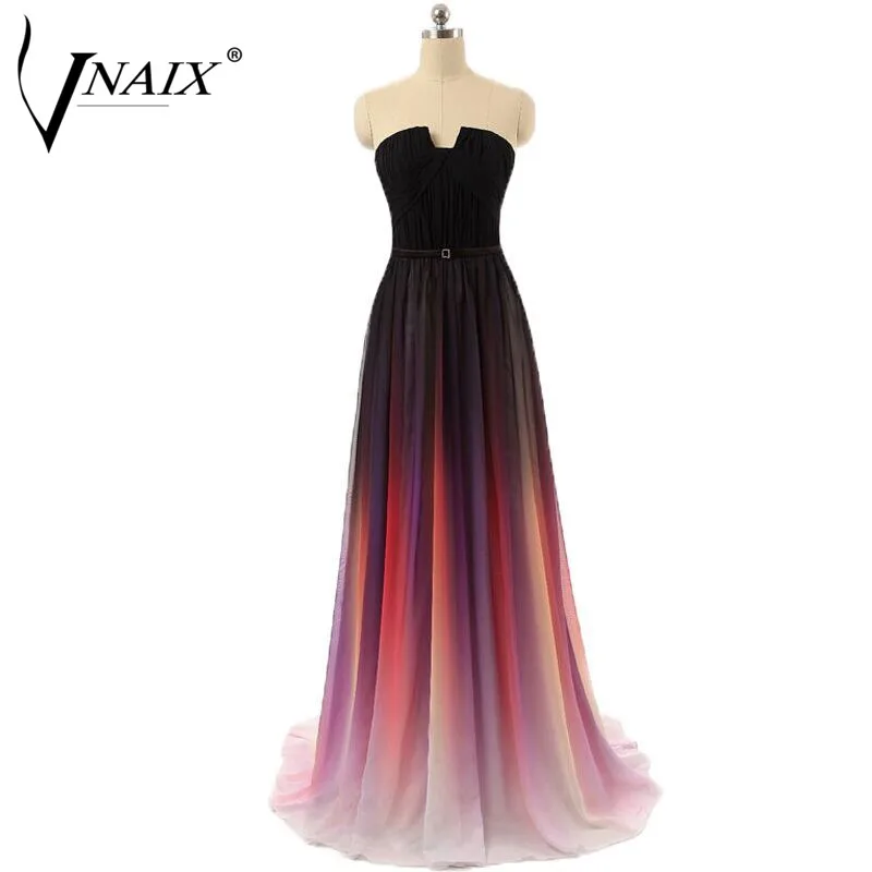 

Evening Dresses Vnaix E1088 Real Photo Strapless Pleated Gradient Ombre Long Chiffon vestido de festa longo Party Prom Dress