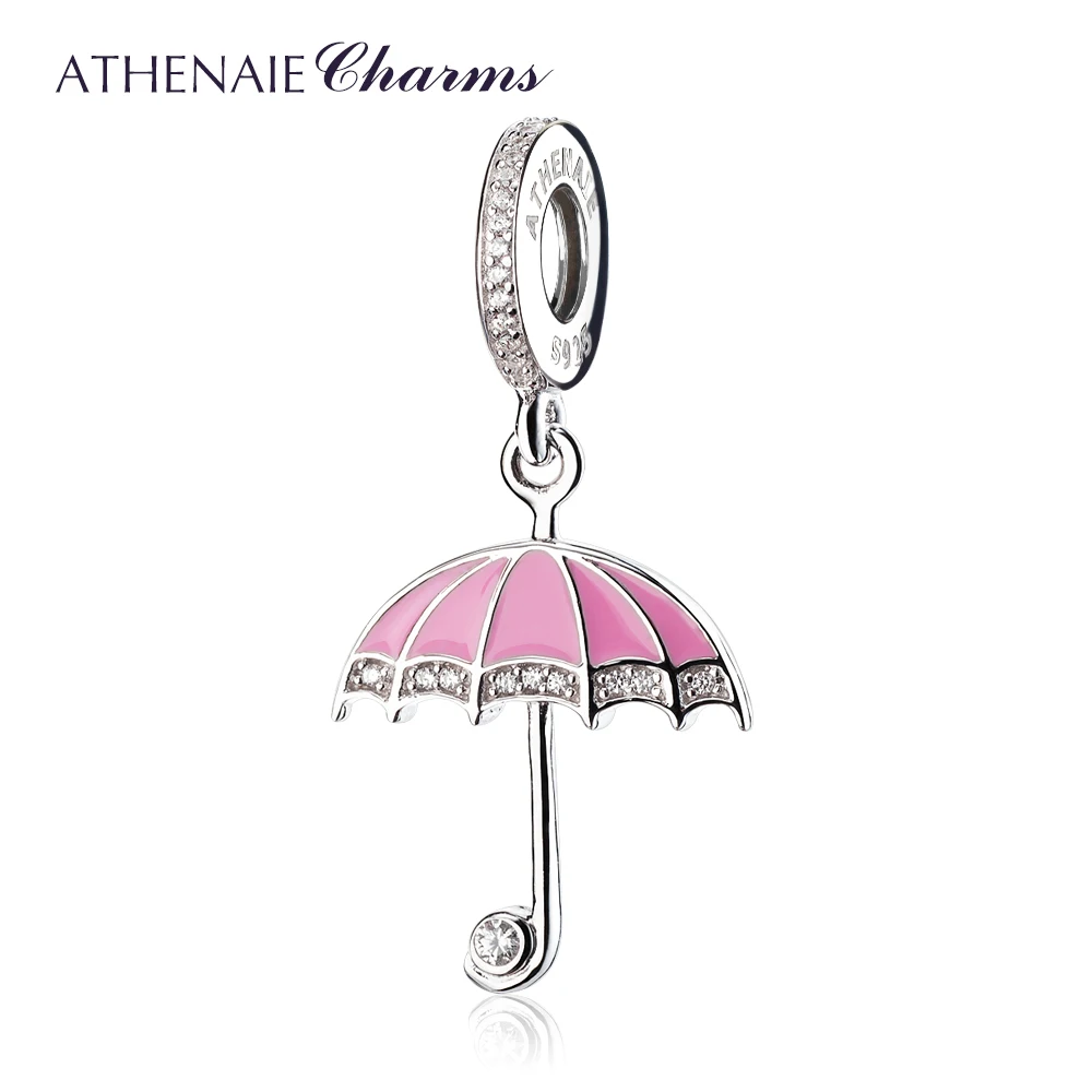 

ATHENAIE 925 Sterling Silver with CZ Pink Enamel Protect You Umbrella Pendant Bead Charms