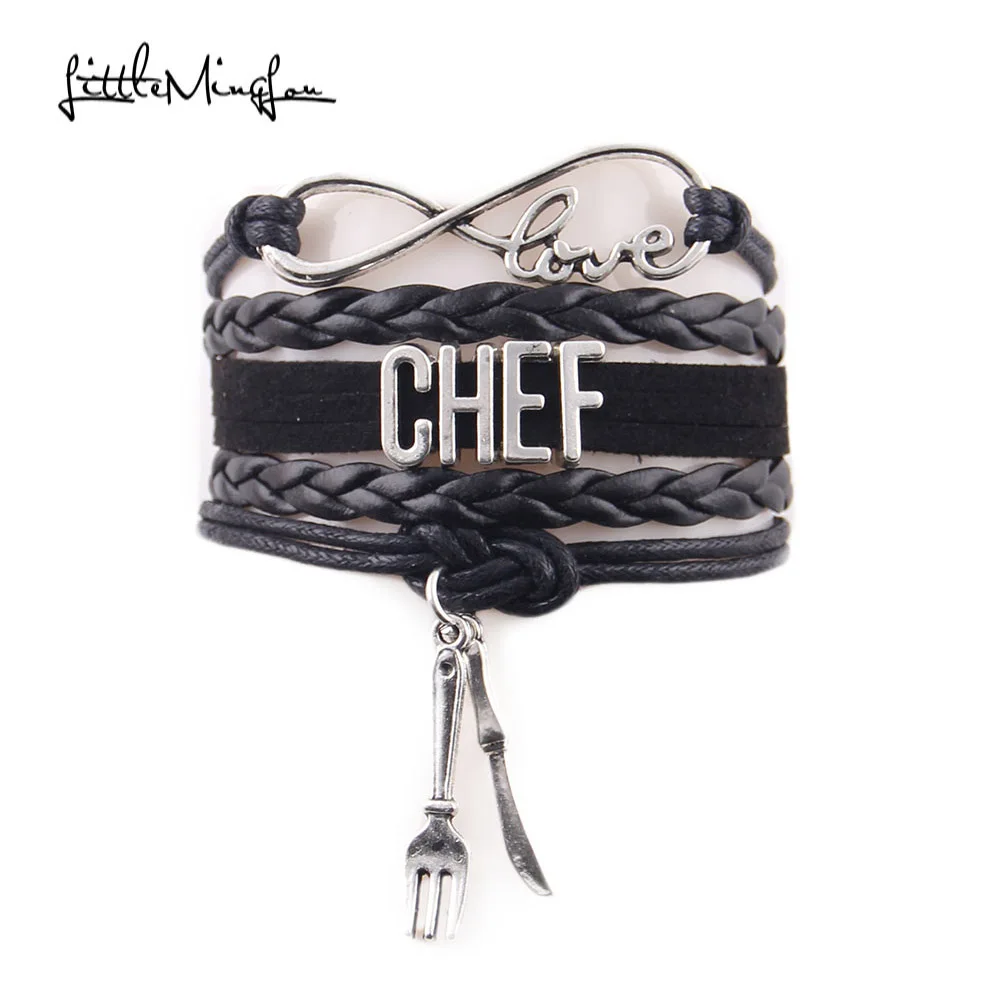 

Infinity Love CHEF bracelet stacks Knife fork charm leather wrap women bracelets & bangles for men women jewelry accessories