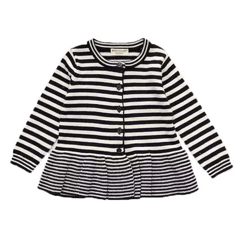 

Spring Autumn baby cardigan girls knitwear kids tops children fashion clothes black white striped ruched bottom 2 to 5 yrs