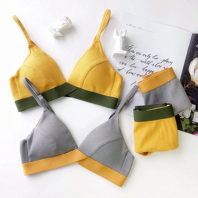  Wriufred Ribbed Cotton Contrast Color Bra Set Comfortable Wire Free Underwear Soft Triangle Cup Lin