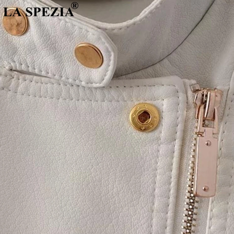 LA SPEZIA Biker Vest Women White Street Motorcycle Waistcoat Ladies Belt Faux Leather Zipper Pockets Autumn Sleeveless Jackets