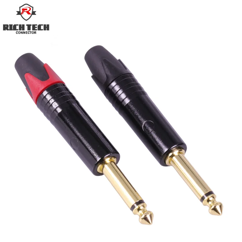 

2pcs Jack 6.35mm 1/4 inch Audio Wire Connector Mono 2Poles Gold Plated 6.5mm Male Plug + Zinc Alloy Shell Red+Black in one pair