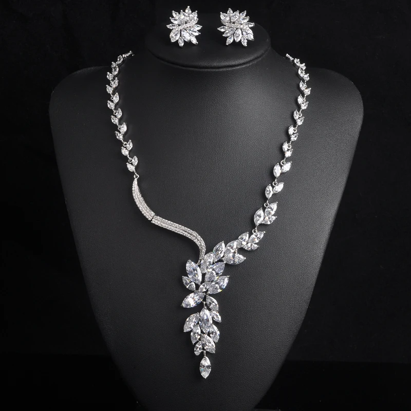 

Hot Sale Luxury Crystal Full CZ Women Bridal Jewelry White Gold Color Earring Necklace Set For Female Dress Accessories S-003