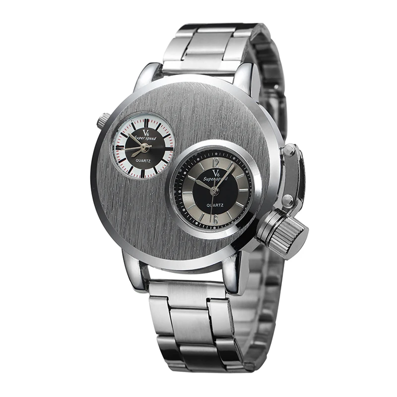 Часы V6 Two Time Zone из серебристой стали мужские спортивные кварцевые часы уникальный