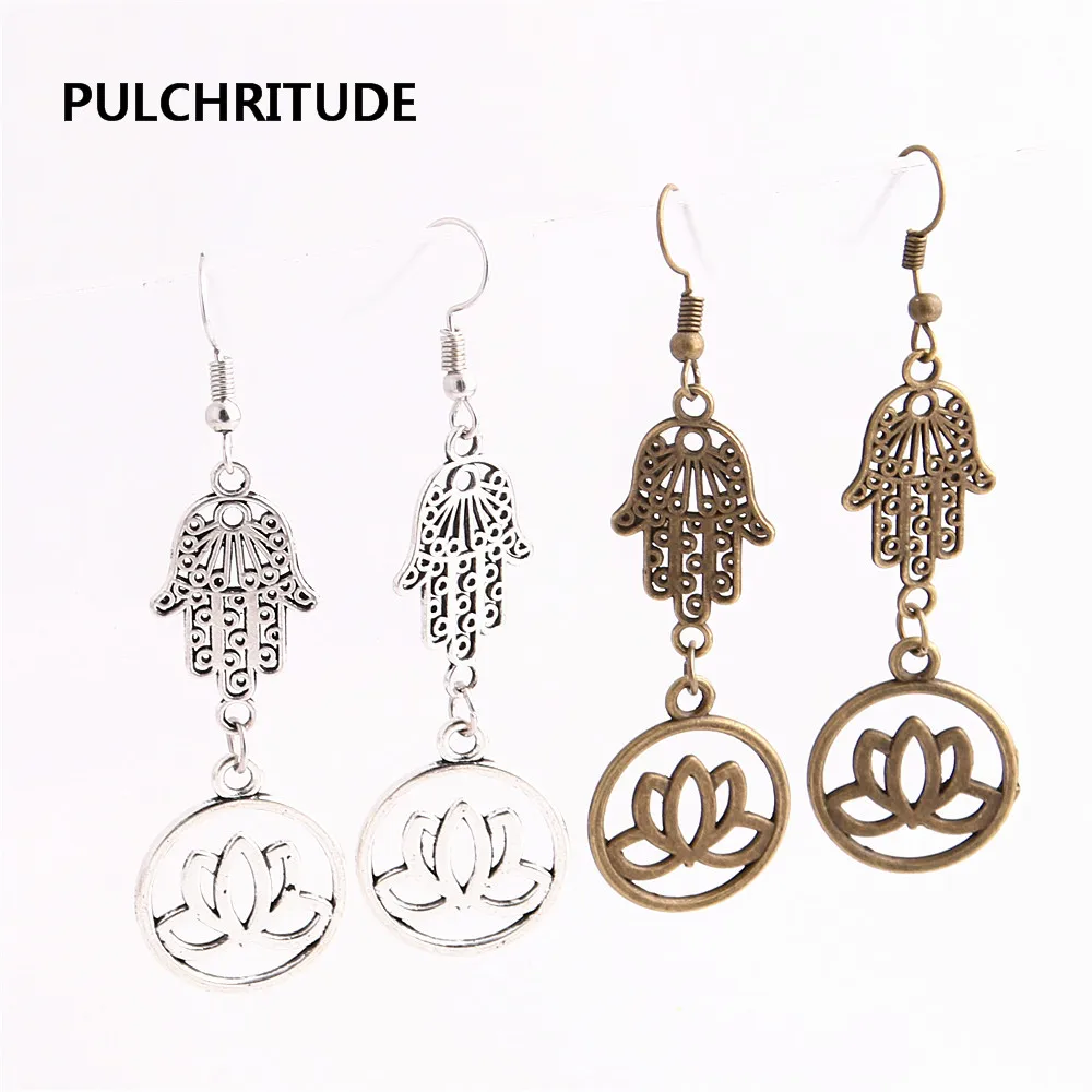 

PULCHRITUDE 12pcs/lot Metal Alloy Zinc Hamsa Hand Connector Lotus Flower Pendant Charm Drop Earing Diy Jewelry Making C0709