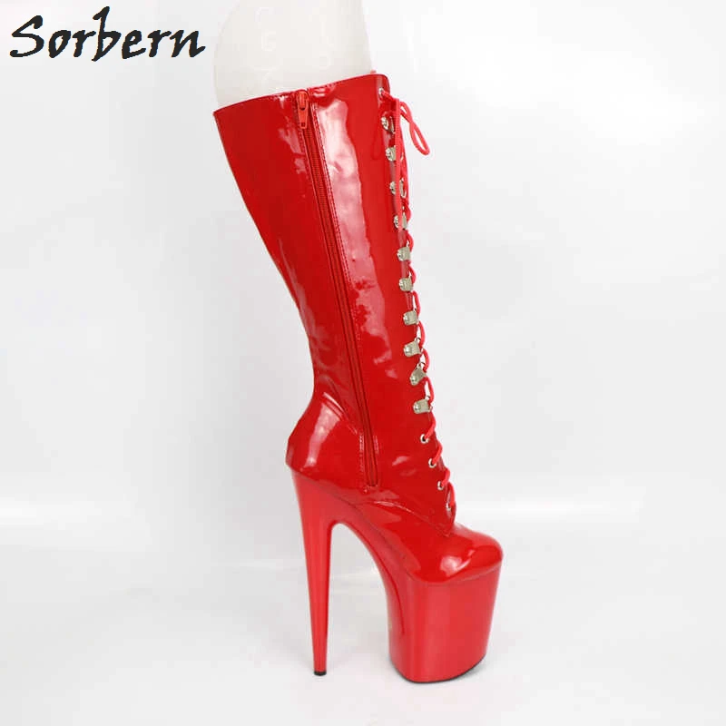 Mujer Sorbern Zapatos Plataforma De 20 Alta Cm Suelas Negro Pierna Tacones Cremallera Lateral blanco Botas Con Rojo Piel fqHfBO