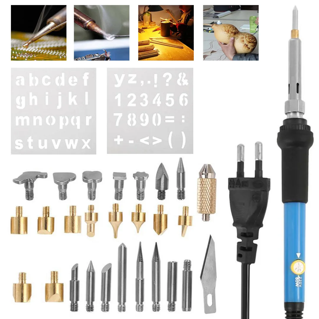 Mayitr 28pcs/set Adjustable Wood Burning Pen Set Soldering Iron Carving Pyrography Tool Soldering Welding Tips Kit 220V 60W