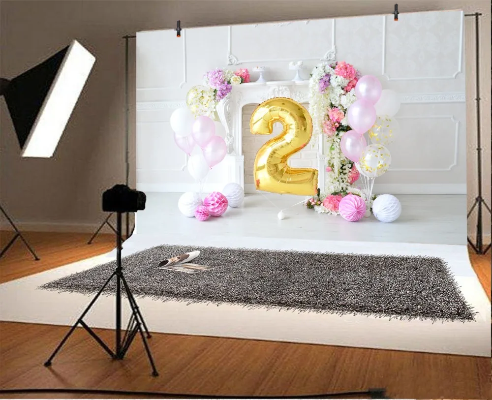 Laeacco Baby 2nd Birthday Flowers Balloons Fireplace Photography Background Customized Photographic Backdrop For Photo Studio