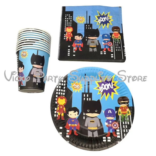 cheap 40pcs lot Cartoon Avengers Batman Party Tablewear Set Birthday Baby Shower Cup Plate Napkin Party Tableware Suppliers