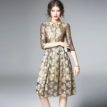 

2017Autumn women Elegant floral print lace dresses female A-Line Peter pan Collar Sequined short dress office lady party dresses