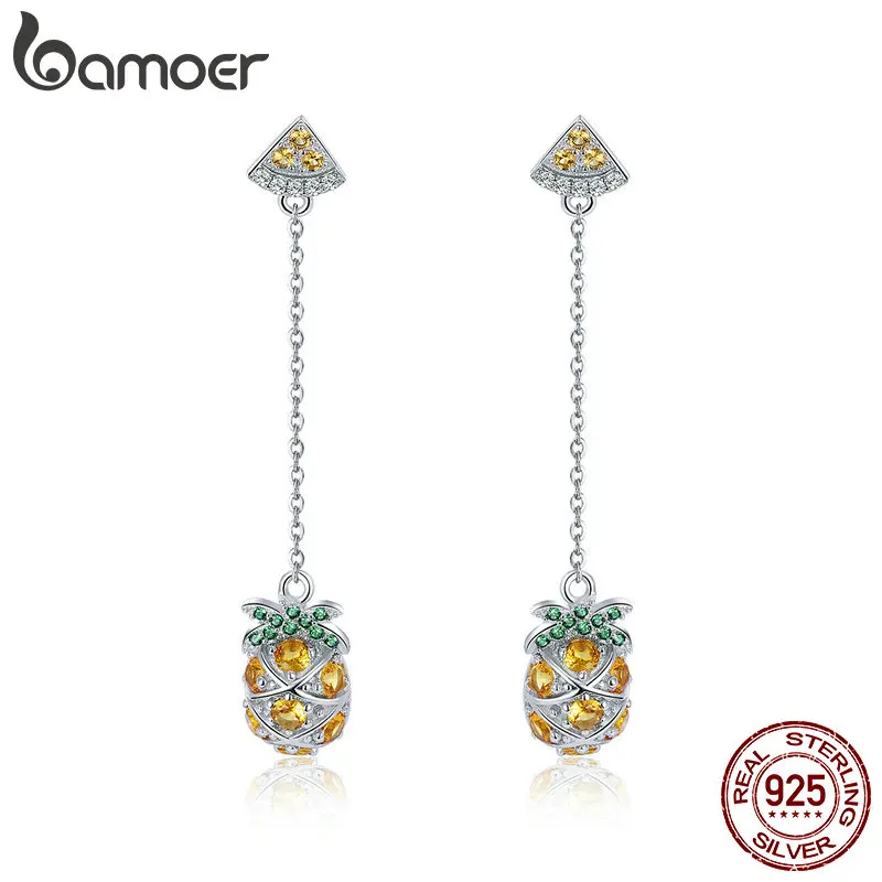 

BAMOER Fashion 925 Sterling Silver Summer Pineapple Long Chain Drop Earrings for Women Fruit Earrings Silver Jewelry SCE397