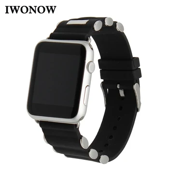 

Silicone Rubber Watch Band for iWatch Apple Watch 38mm 42mm Stainless Steel Pin Buckle Strap Wrist Belt Bracelet Black + Tool