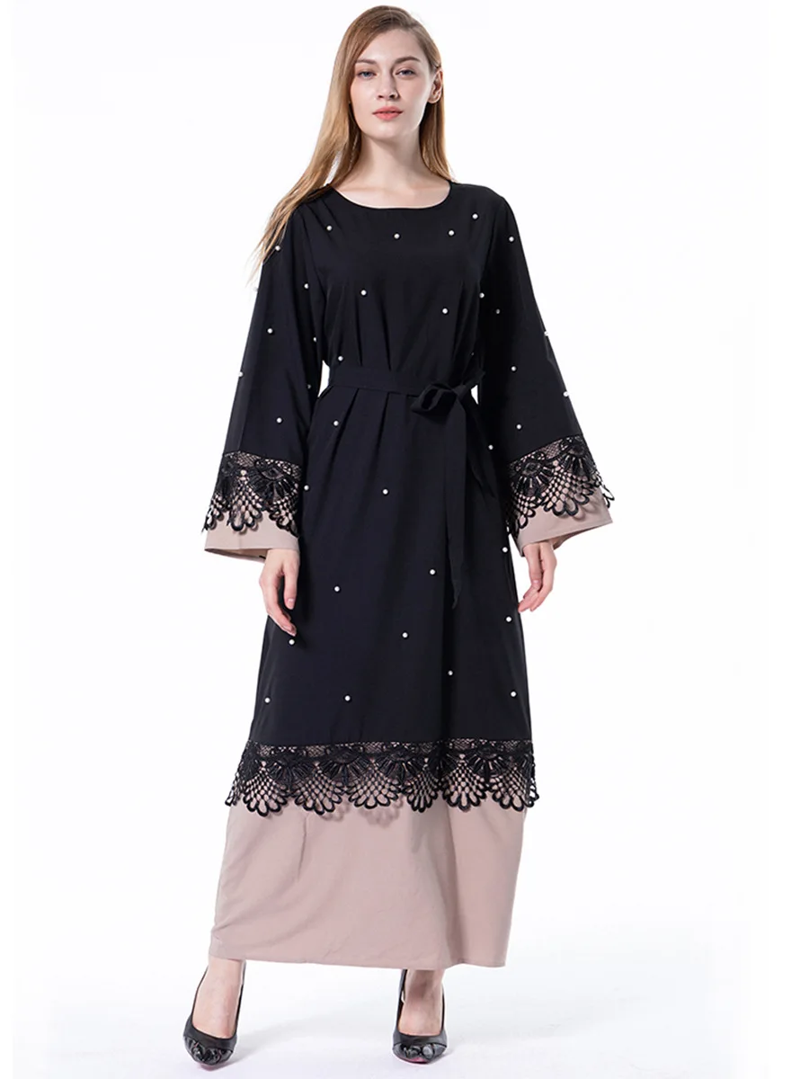 ОАЭ размера плюс черный Халат абайя для женщин Дубай Кафтан бисер кружево мусульманское платье Турецкий Femme Макси хиджаб мусульманская молитва