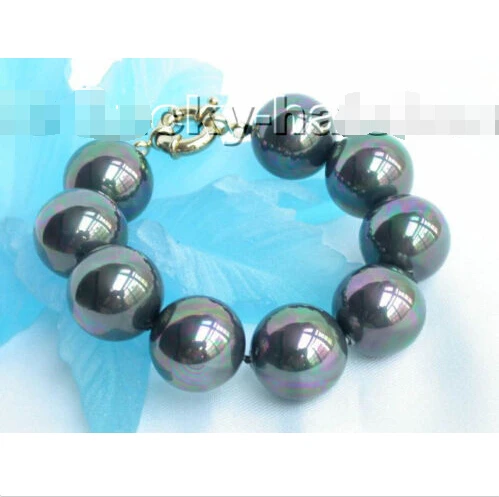 

20mm round peacock black south sea shell pearl Bracelet Noble style Natural Fine jewe Fast SHIPPING