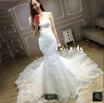 

Real picture Lace Appliques Mermaid wedding dress chapel train sweetheart neck formal wedding gowns hot sale cheap bride dress
