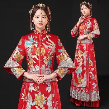 

SuZhou Embroidery Qipao Overseas Chinese Wedding Pleated Dress Gown Bride Gift Toast Clothing Red Dragon Phoenix Cheongsam