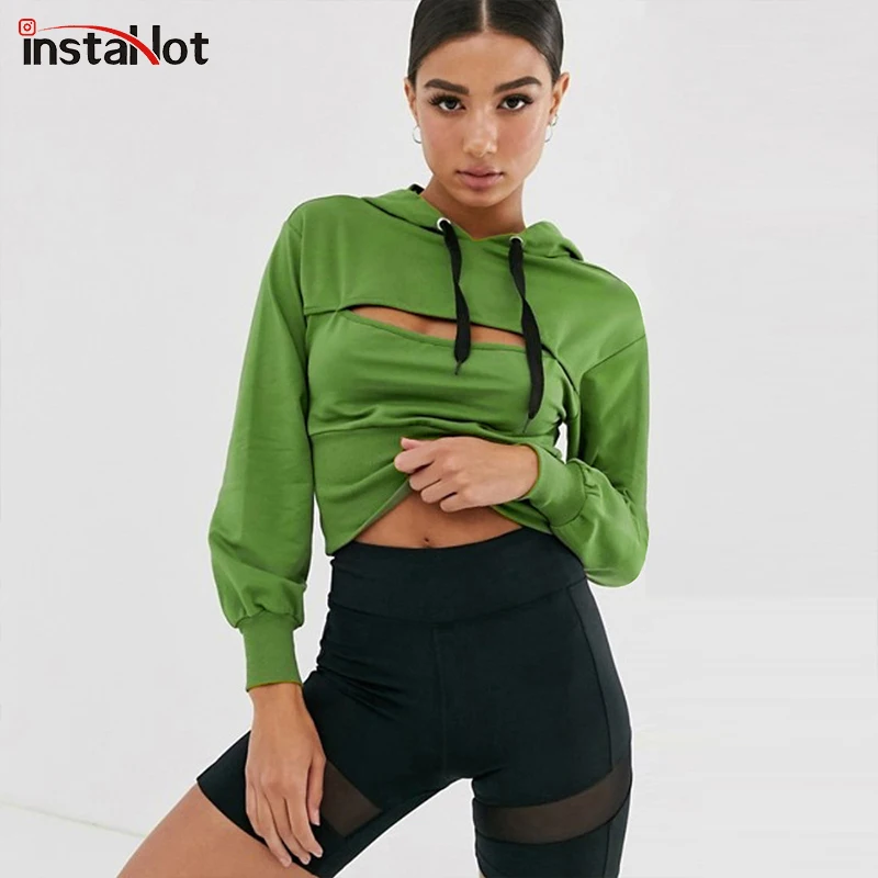 

InstaHot Green Hollow Out Hoodies Long Sleeve Slim Fitted Waist Autumn 2019 Sexy Casual Sweashirt Sporting Streetwear Tops