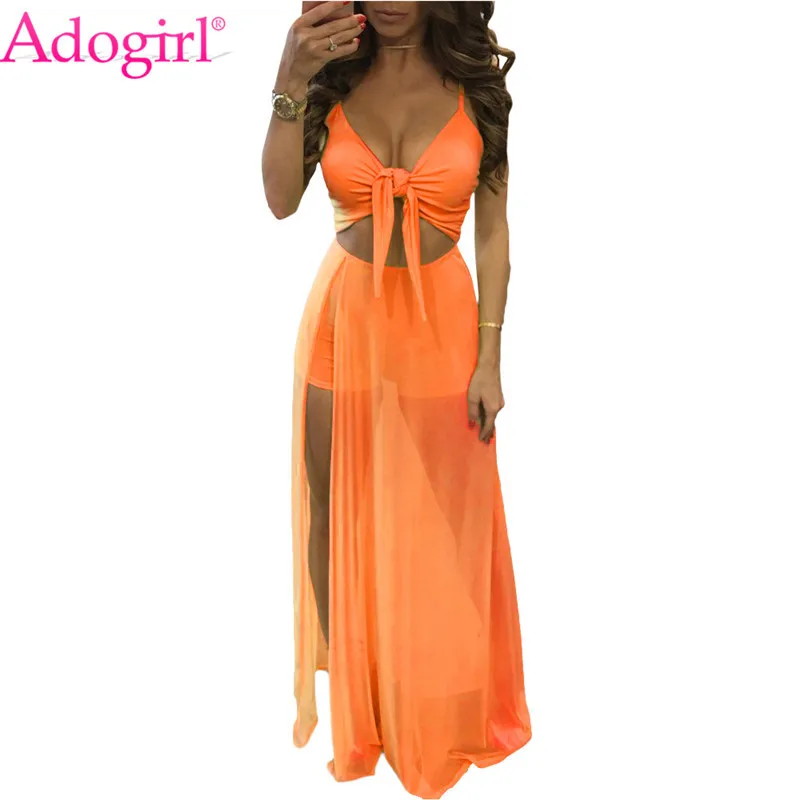 

Adogirl Mesh Patchwork Long Summer Dress Self Tie V Neck Spaghetti Straps Playsuits Women Sexy Beach Dresses Club Party Vestidos