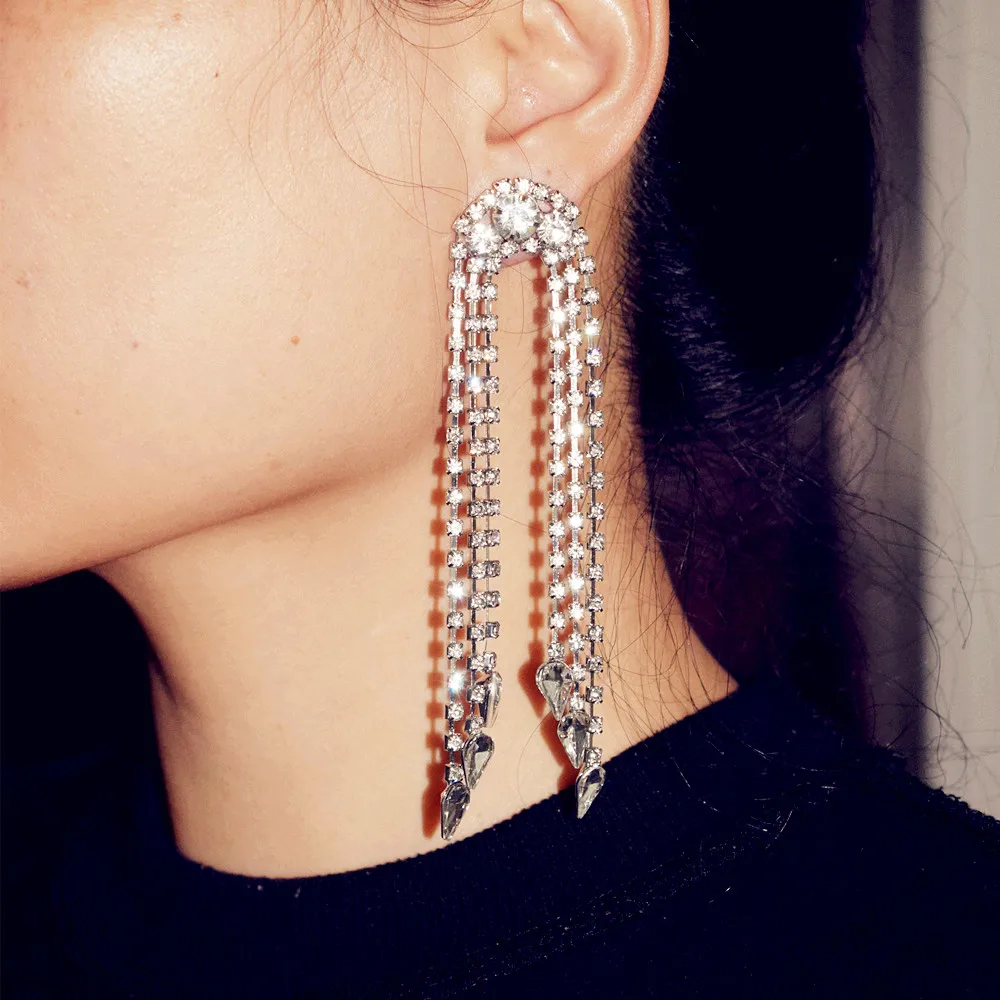 

New Full Shiny Rhinstone Long Chain Dangle Earrings For Women Fashion Jewelry Evening Dress Statement Earrings Accessories