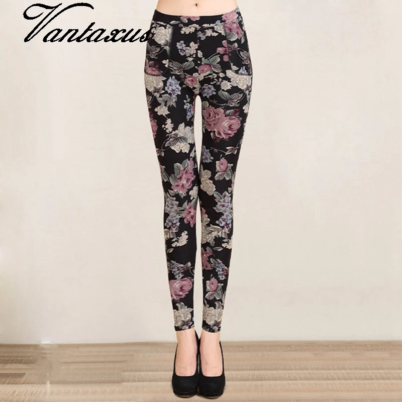 

women autumn winter velvet casual pant floral printed black pencil leggings lady stretch slim fit warm pant skinny trousers