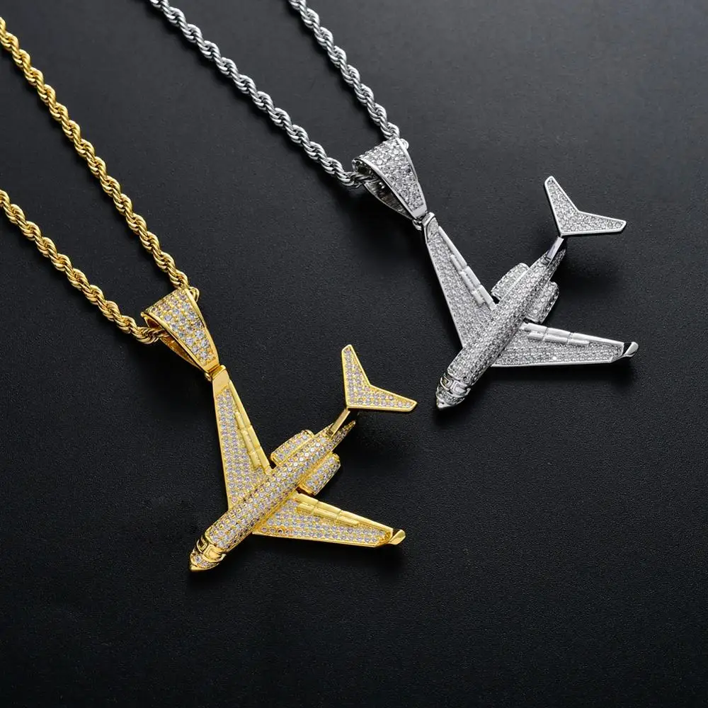 

Brass CZ aircraft plane shape pendants Iced Out Hip Hop Necklace For Men And Women Gold color silver color CN134