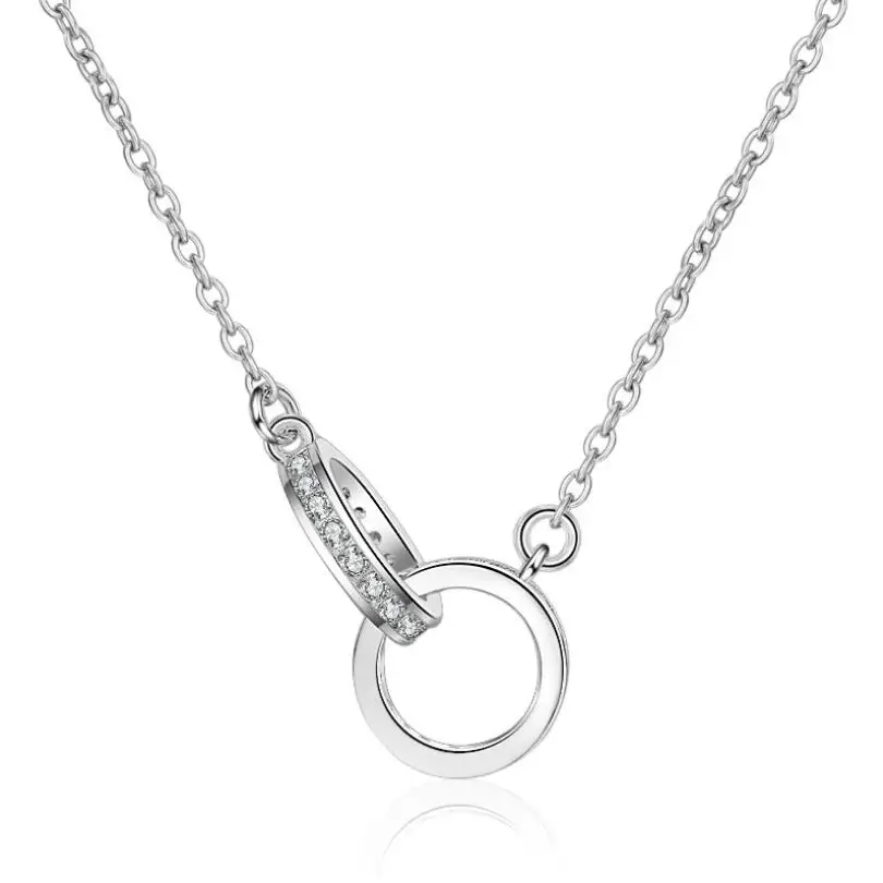 

New Hot Geometric Double Circle Zircon Pendant Necklace For Women Short Clavicle Chain Choker 925 Sterling Silver Jewelry SAN20