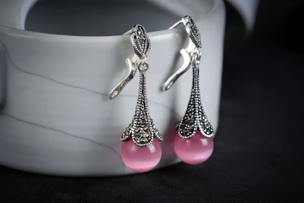 

Lady's iSTONE VINTAGE 11/2" RED Natural Stone MARCASITE 925 SILVER Natural Stone bread silver big earrings