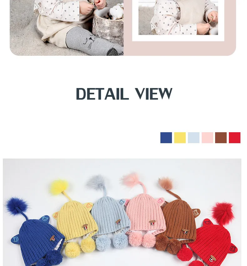 New Baby Knit Hat Autumn And Winter Thickening Female Baby Winter Hat  With Hair Ball Newborn Wool Hat Out Of The Ear Cap GCG42 (14)