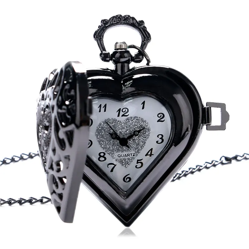 Винтажные часы в форме черного сердца, кварцевые часы Pocekt, полый кристалл, дизайн Fob, часы для женщин, Дамский подарок с ожерельем, Chian