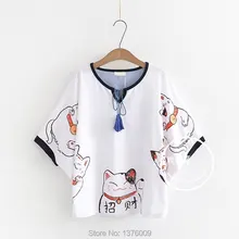 Mori/свободные рубашки для девочек Harajuku Kawaii рыбий Кот с принтом в виде лап летняя футболка с рукавами летучая мышь Универсальные женские футболки Sudadera