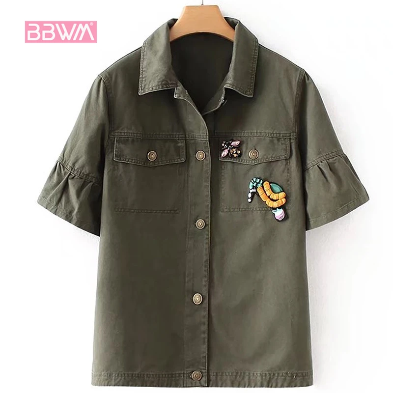 

Exquisite women's 2018 summer new military wind lapel lantern sleeves short-sleeved shirt