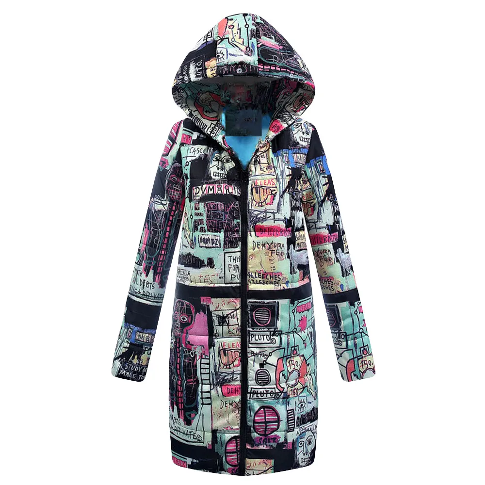

2019 Fashion women winter hooded warm coat Print cotton padded jacket female long parka womens wadded jaqueta feminina