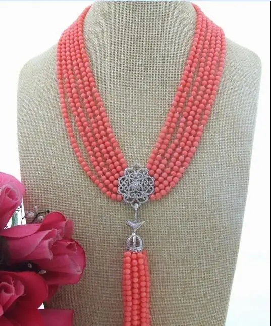 beautiful 18" 6Strds 5MM pink Coral Necklace Pendantcoral pendant