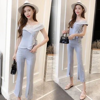 

Lace Patchwork Ensemble Femme Survetement Fashion Sashes Bow Two Piece Set Summer Elegant Temperament Sets Of Clothes For Women