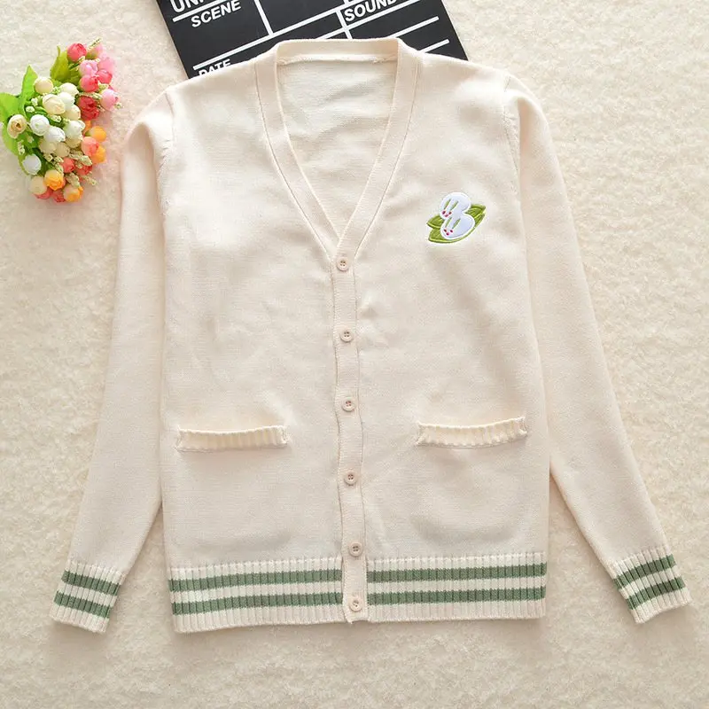 

Japanese JK Knit cardigan sweater Loose Cute Embroidery rabbit V neck long sleeve uniforms cosplay Girl