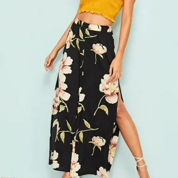

Fashion Women's Floral Print Chiffon Pant Ladies Sexy Split Elastic Waist Ankle Length Wide Leg Summer Casual Loose Trouser Pant