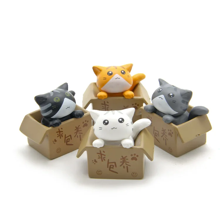 

4 Piece Cartoon Poor Box Cat Kitty Kitten Model Small Statue Car Figurine Crafts Garden Figure Ornament DIY Miniatures