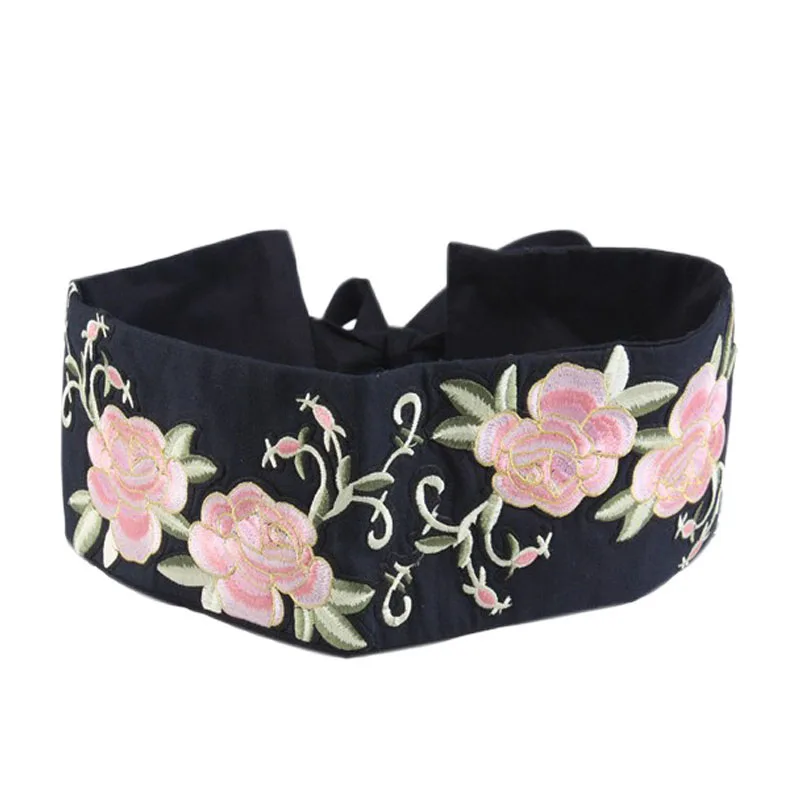 Elegant Ladies Bow Waistband with Flower Embroidery Corset Belts Black