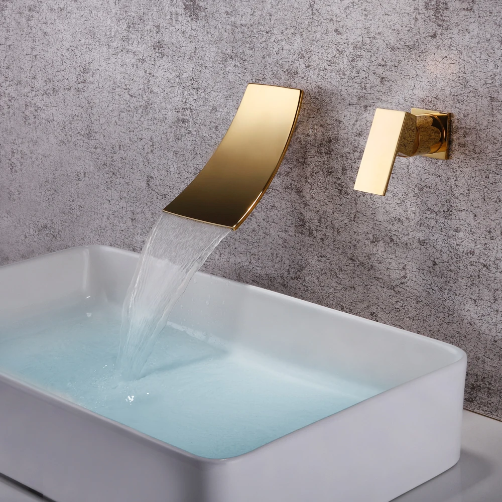 SKOWLL Настенный Водопад кран Золотой смеситель для ванной комнаты с одной ручкой Ванная раковина