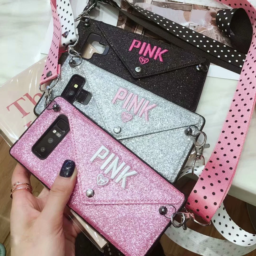 

Luxury PINK Glitter Embroidery Leather Case For Samsung S10 S9 S8 P Fashion Wave Point Lanyard For Samsung S10P S10e Flip Cover