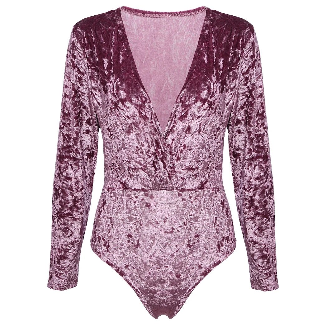 

2018 Sexy Velvet Bodysuits Women Deep V-neck Romper Jumpsuit Party Bodycon Playsuit Long Sleeve Casual Overalls Top One Piece