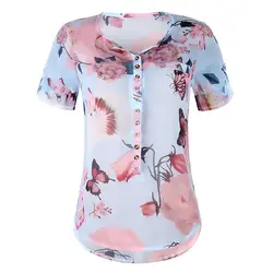 Скидки S-5XL Для женщин Бесплатная доставка 2019 короткий рукав рубашка с принтом и пуговицы топы, шифоновые рубашки