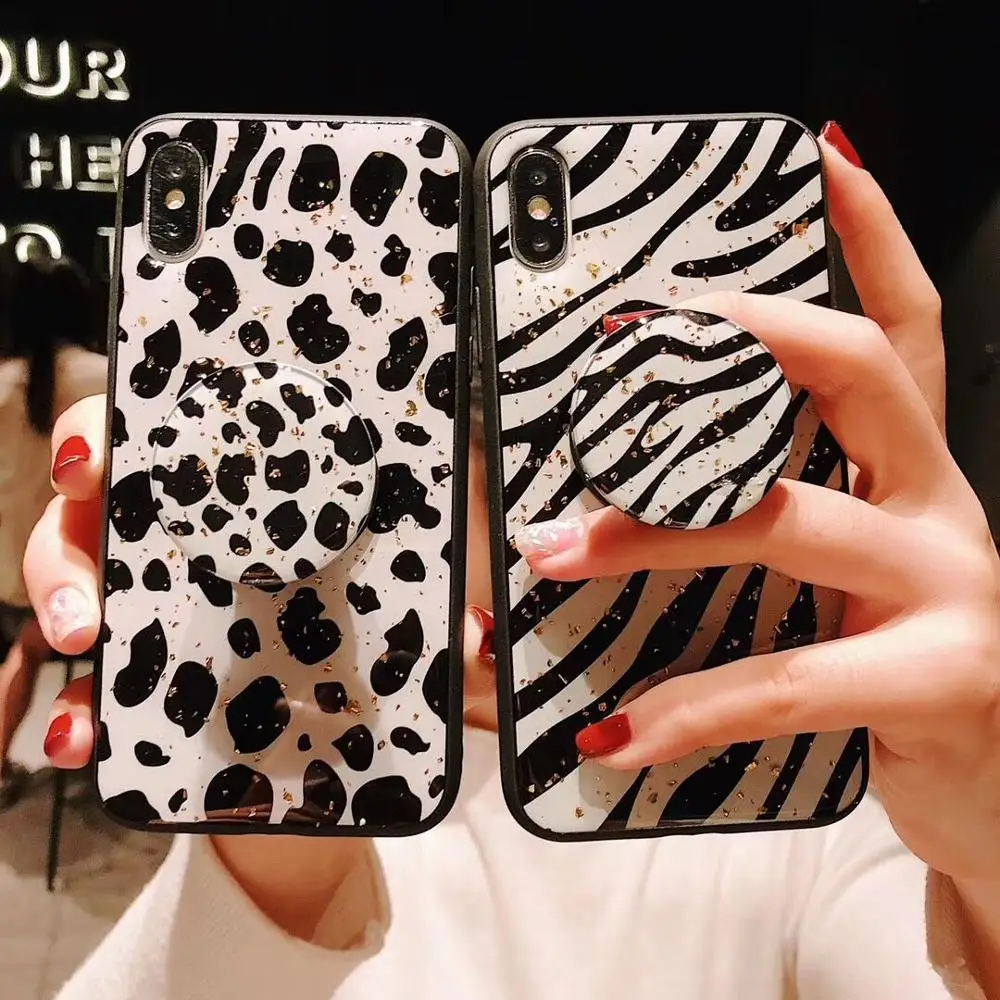 

Zxtrby Luxury Leopard Glitter Epoxy With Phone Holder Case for iPhone X XS XR XSMax 6 6s 7 8Plus Phone Shell Back Cover Coque