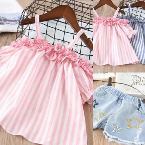  2Pcs Baby Kids Girls Clothes Striped Off Shoulder Tops Jeans Pant Summer Outfits Children Set