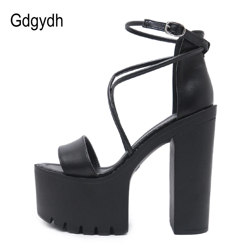US $27.99 Gdgydh Platform Shoes For Summer Extreme High Heels Sandals Open Toe Fashion Buckle Block Heels Punk Black Leather Good Quality