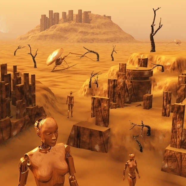 A team of robots gather the last of martian technology Poster Print (17 x 11)